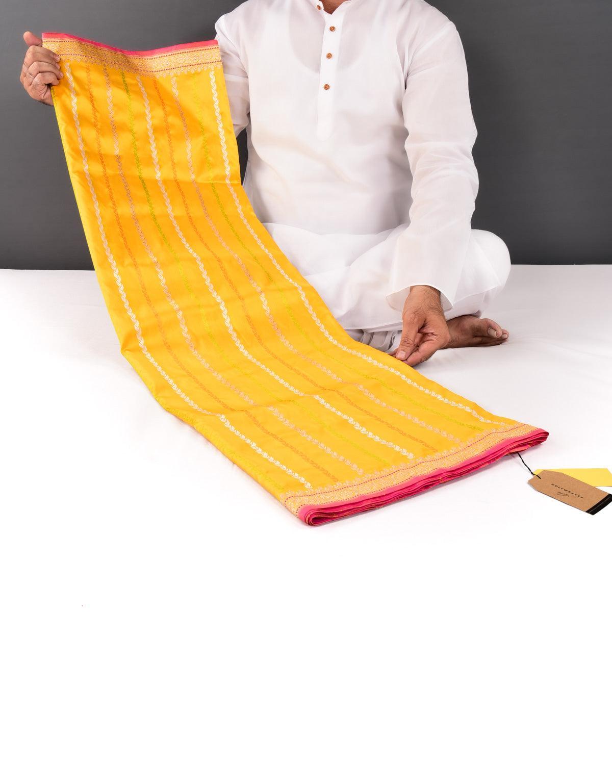 Marigold Yellow Banarasi Gold, Silver Zari & Resham Stripes Kadhuan Brocade Handwoven Katan Silk Saree - By HolyWeaves, Benares