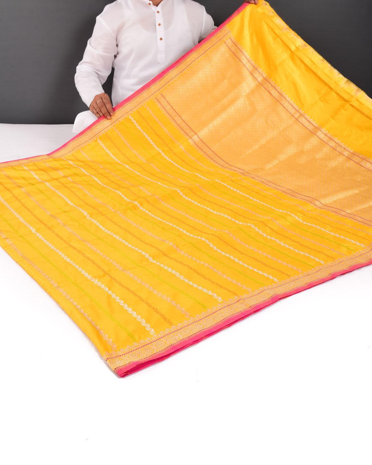 Marigold Yellow Banarasi Gold, Silver Zari & Resham Stripes Kadhuan Brocade Handwoven Katan Silk Saree - By HolyWeaves, Benares