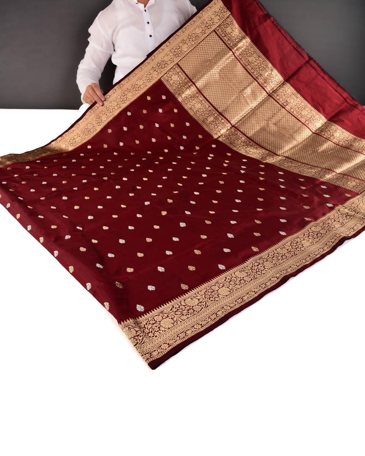 Maroon Banarasi Silver & Gold Zari Buti Kadhuan Brocade Handwoven Katan Silk Saree - By HolyWeaves, Benares