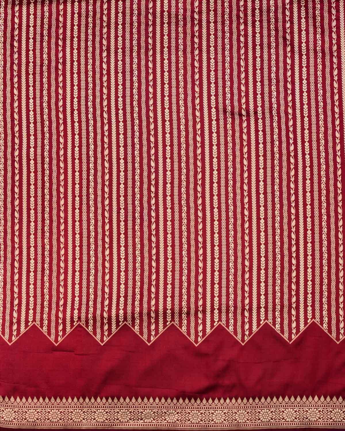 Maroon Banarasi Soft Gold Zari Ornament Stripes Cutwork Brocade Handwoven Katan Silk Saree - By HolyWeaves, Benares
