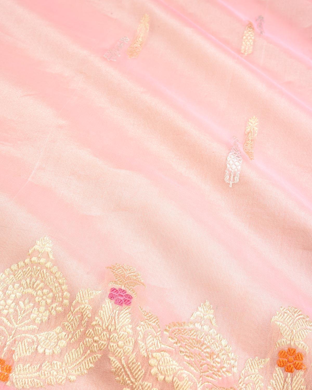 Metallic Pink Banarasi Scallop Meenekari Brocade Gold & Silver Zari Buti Kadhuan Brocade Handwoven Kora Tissue Saree - By HolyWeaves, Benares
