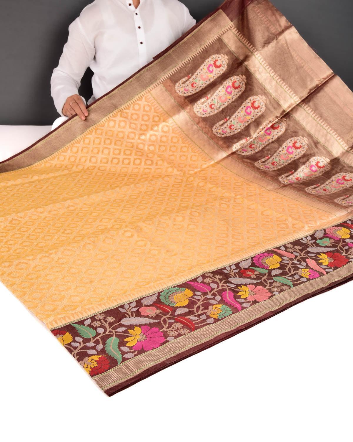 Metallic Yellow Banarasi Gold Zari Jangla Kadhuan Brocade Handwoven Kora Tissue Saree with Chauhara Meenekari Brocade Border Pallu - By HolyWeaves, Benares