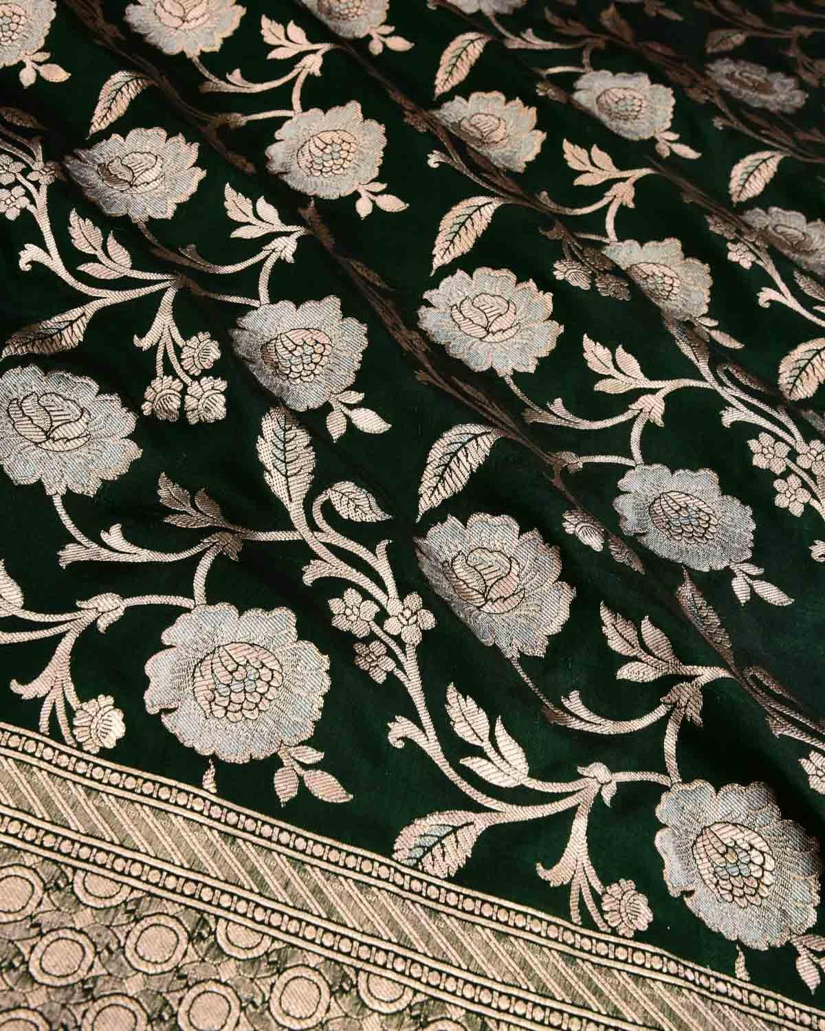 Midnight Green Banarasi Gold & Silver Zari Alfi Gulab Jaal Cutwork Brocade Handwoven Katan Silk Saree - By HolyWeaves, Benares