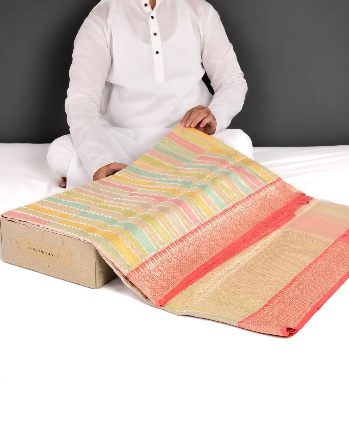 Multi-color Banarasi Shifting Candy Stripes Rangkaat Brocade Handwoven Kora Silk Saree - By HolyWeaves, Benares