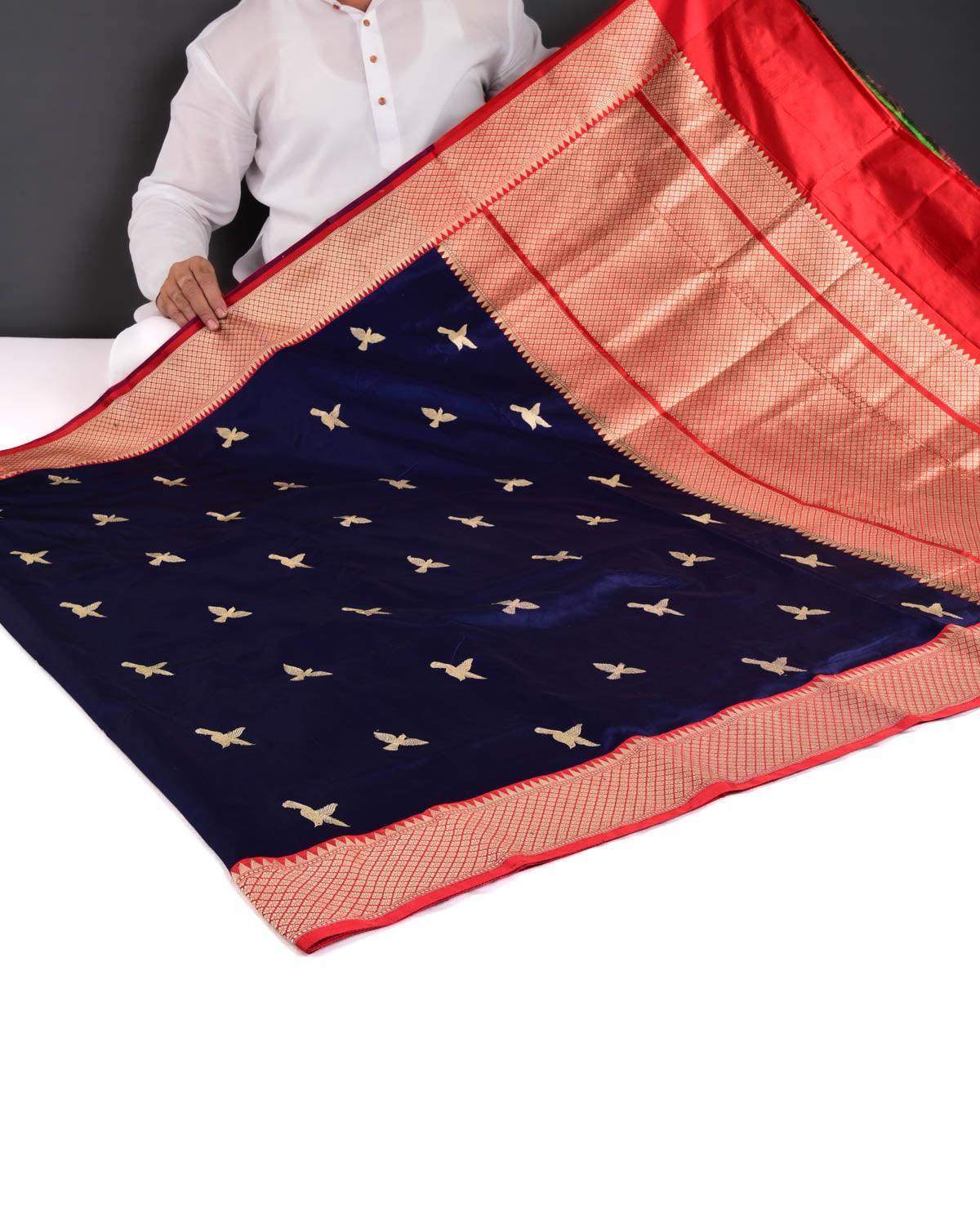 Navy Blue Banarasi Flight of Eagle Kadhuan Brocade Handwoven Katan Silk Saree - By HolyWeaves, Benares