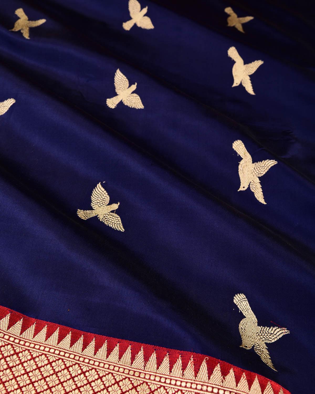 Navy Blue Banarasi Flight of Eagle Kadhuan Brocade Handwoven Katan Silk Saree - By HolyWeaves, Benares