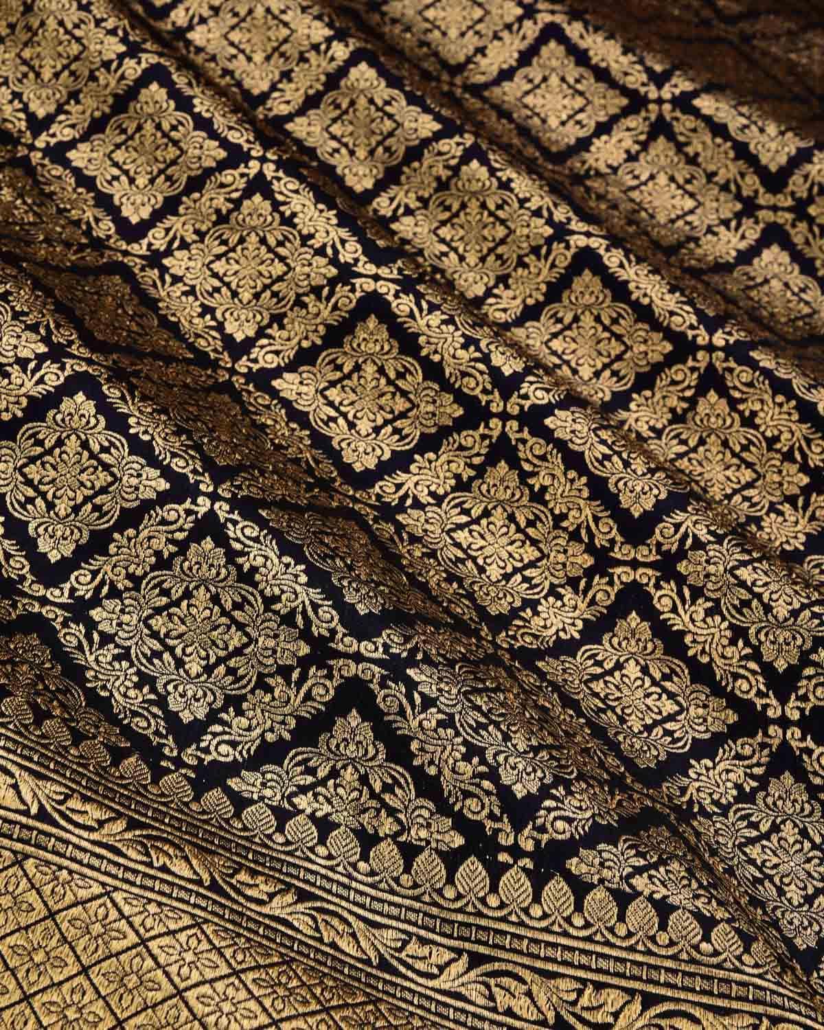 Navy Blue Banarasi Traditional Jangla Gold Zari Brocade Handwoven Katan Silk Saree - By HolyWeaves, Benares