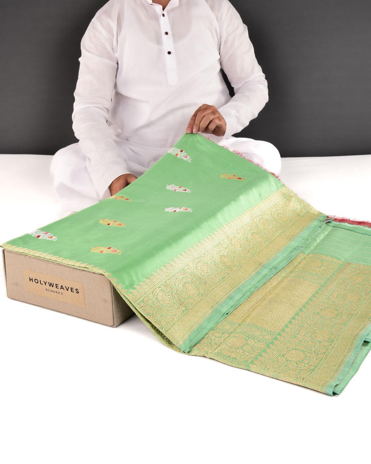 Paris Green Banarasi Gold & Silver Zari Meenedar Buti Kadhuan Brocade Handwoven Katan Silk Saree - By HolyWeaves, Benares