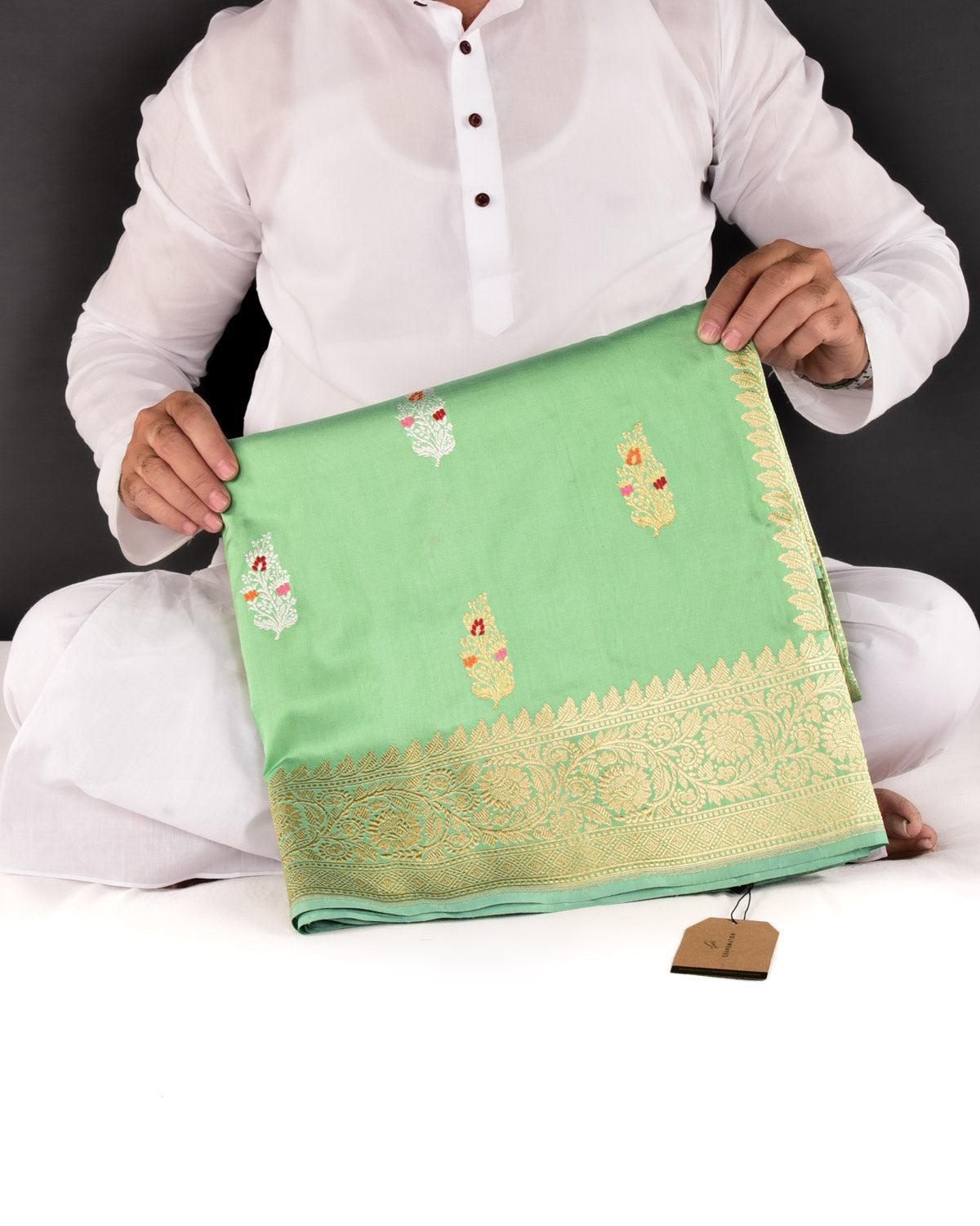 Paris Green Banarasi Gold & Silver Zari Meenedar Buti Kadhuan Brocade Handwoven Katan Silk Saree - By HolyWeaves, Benares