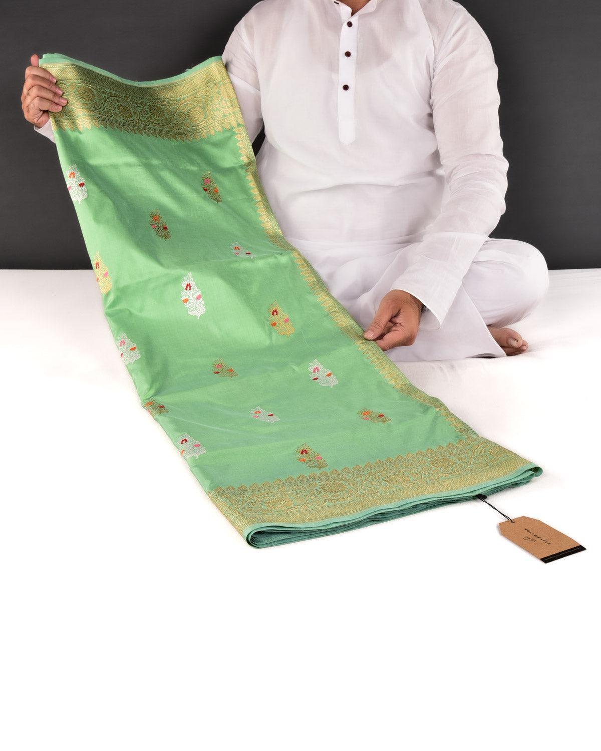 Paris Green Banarasi Gold & Silver Zari Meenedar Buti Kadhuan Brocade Handwoven Katan Silk Saree - By HolyWeaves, Benares