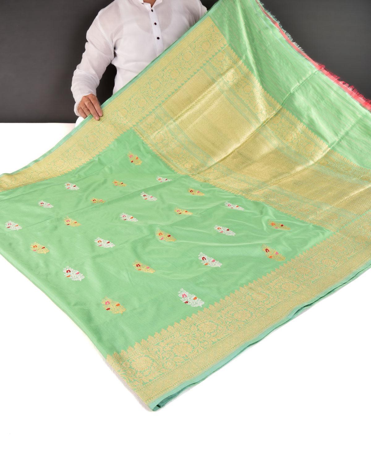 Paris Green Banarasi Gold & Silver Zari Meenedar Buti Kadhuan Brocade Handwoven Katan Silk Saree - By HolyWeaves, Benares