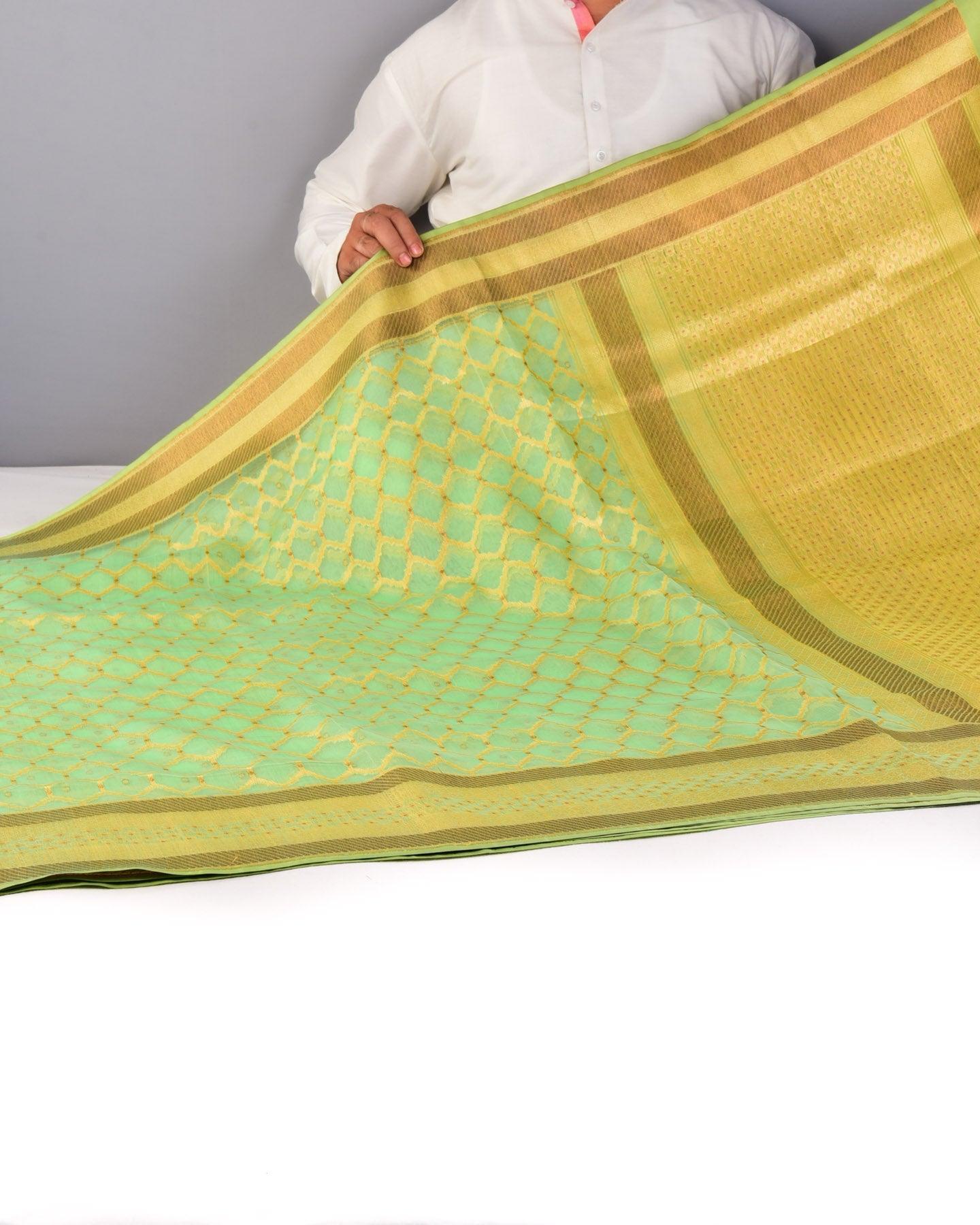 Pastel Green Banarasi Jharokha Gold Antique Cutwork Brocade Handwoven Kora Silk Saree - By HolyWeaves, Benares