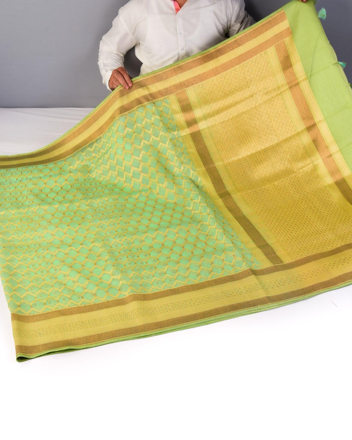 Pastel Green Banarasi Jharokha Gold Antique Cutwork Brocade Handwoven Kora Silk Saree - By HolyWeaves, Benares