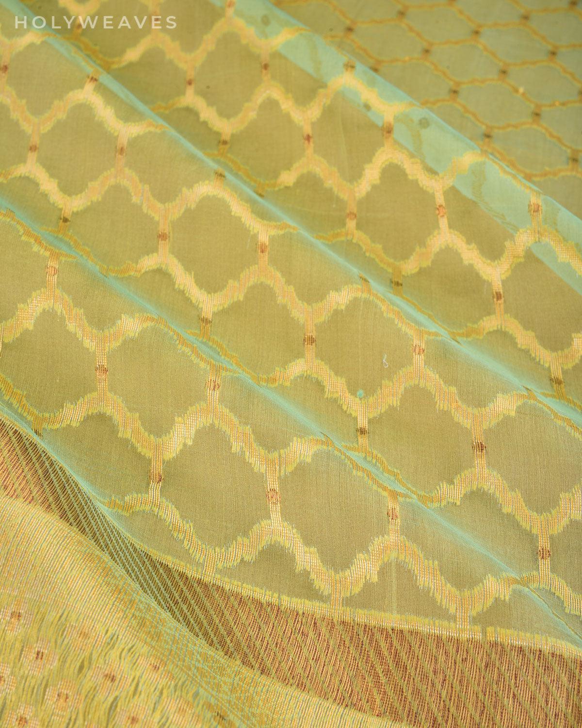 Pastel Green Banarasi Jharokha Gold Antique Cutwork Brocade Handwoven Kora Silk Saree - By HolyWeaves, Benares