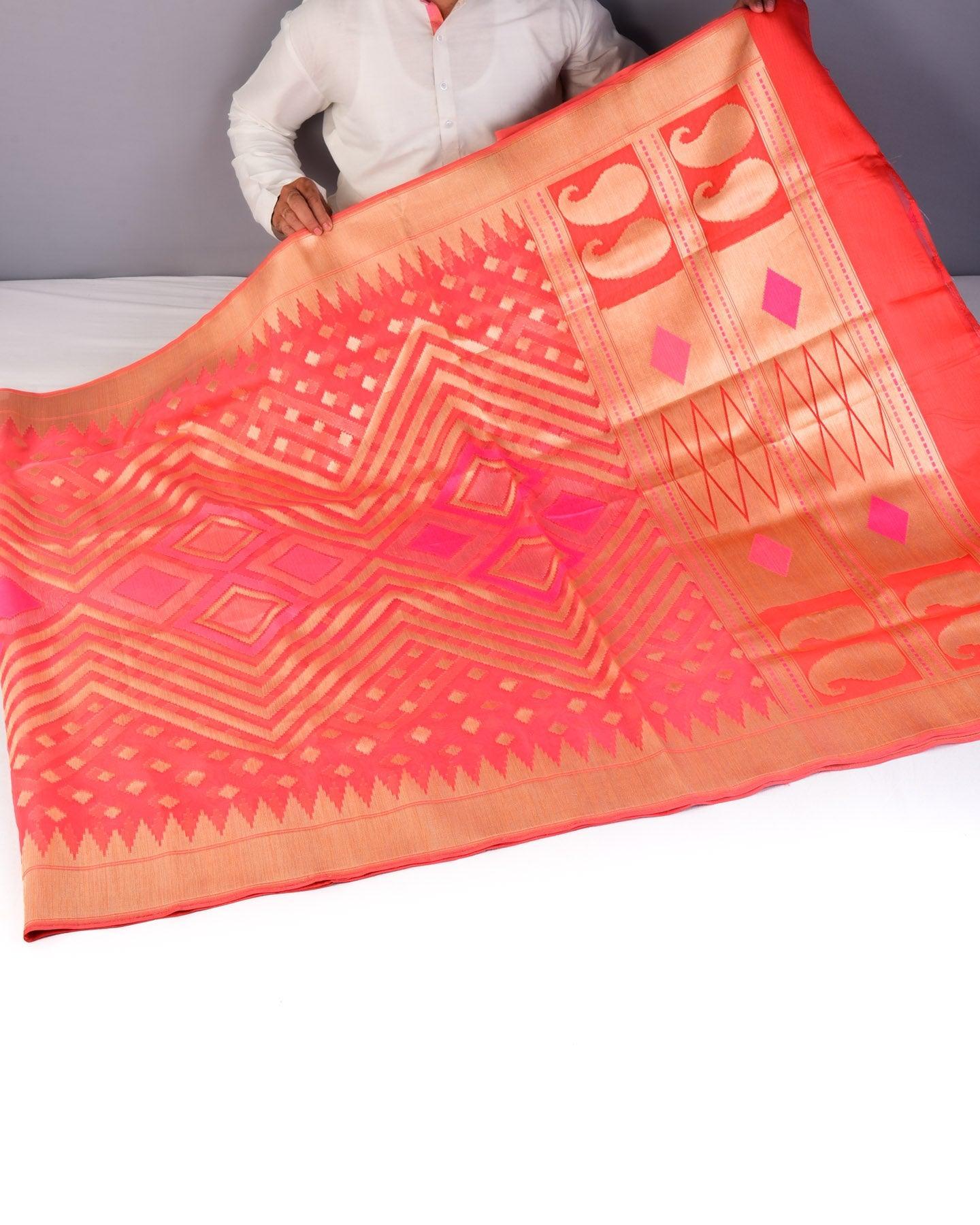 Peach Banarasi Geometric Grids Cutwork Brocade Handwoven Kora Silk Saree - By HolyWeaves, Benares