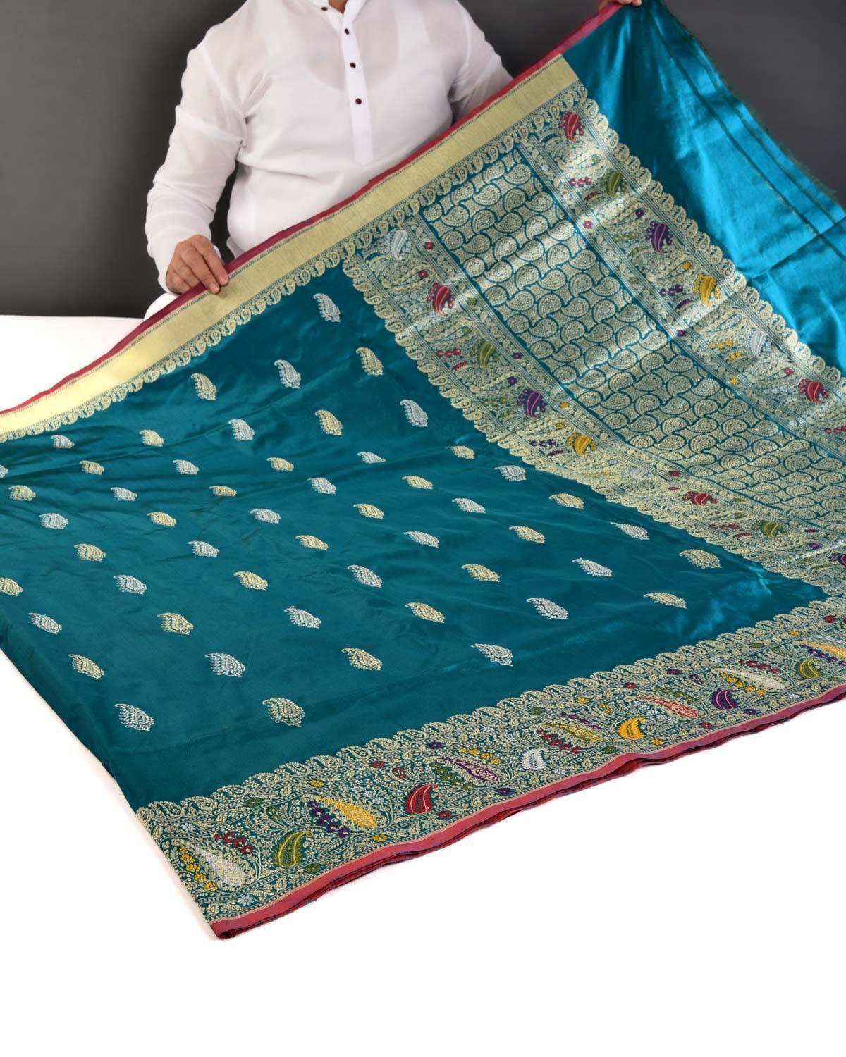 Peacock Blue Banarasi Gold & Silver Zari Buti Kadhuan Brocade Handwoven Katan Silk Saree with Meenekari Border Pallu - By HolyWeaves, Benares