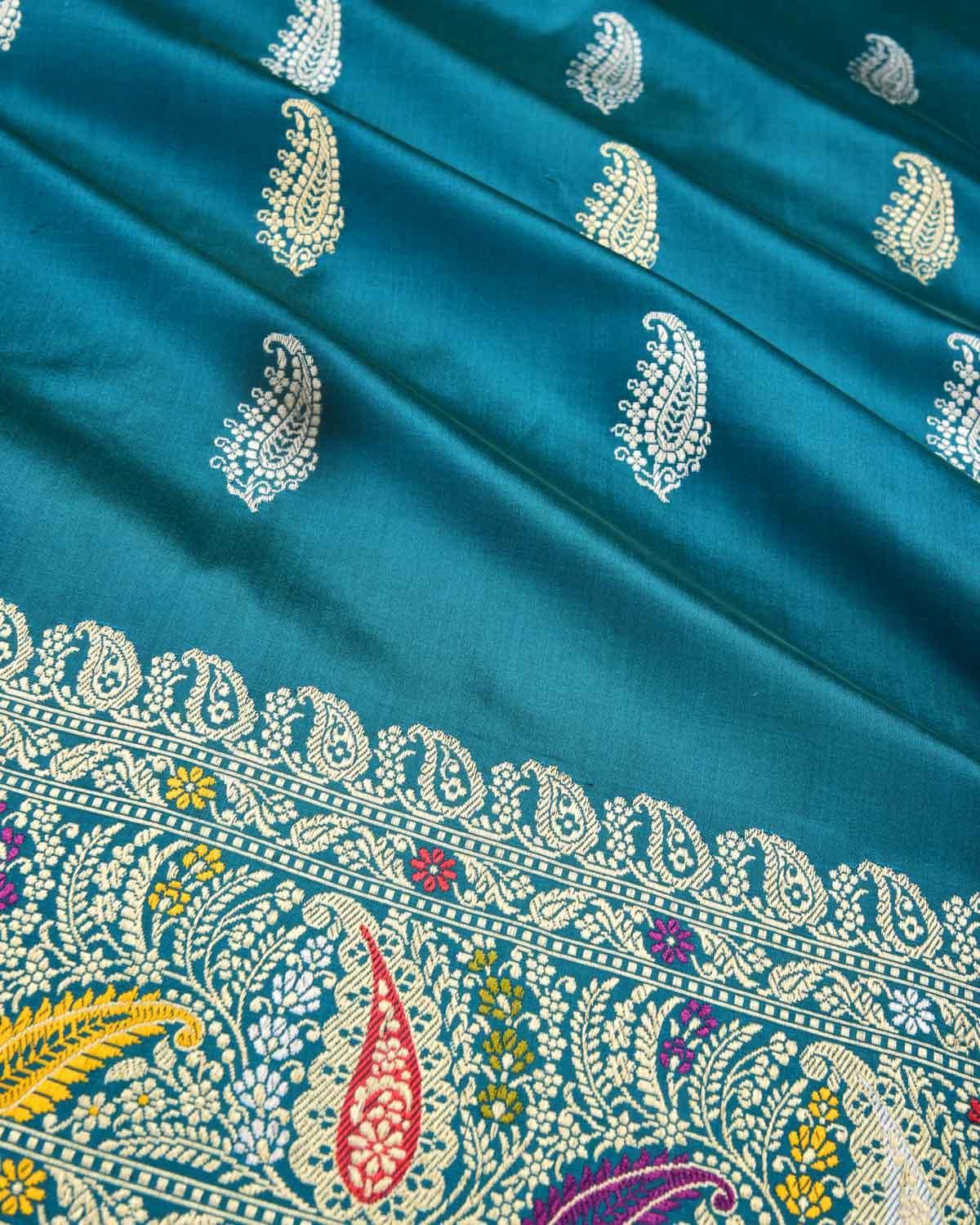 Peacock Blue Banarasi Gold & Silver Zari Buti Kadhuan Brocade Handwoven Katan Silk Saree with Meenekari Border Pallu - By HolyWeaves, Benares