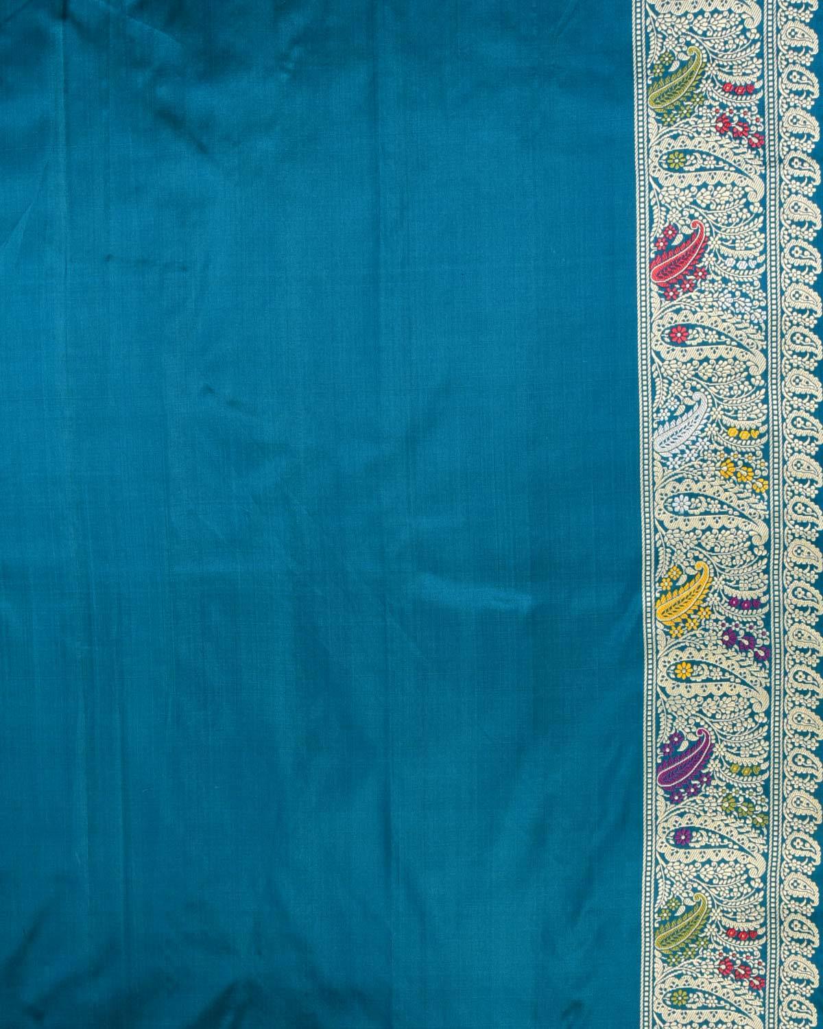 Peacock Blue Banarasi Gold & Silver Zari Buti Kadhuan Brocade Handwoven Katan Silk Saree with Meenekari Border Pallu - By HolyWeaves, Benares