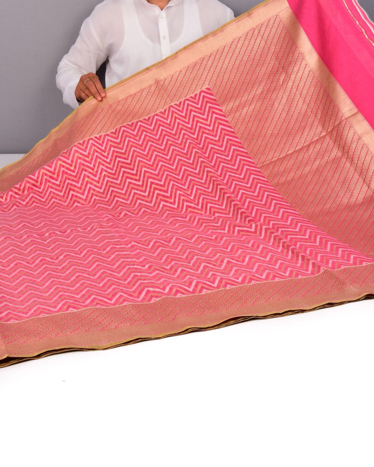 Pink Banarasi Chevron Zig-Zag Alfi Cutwork Brocade Handwoven Cotton Silk Saree - By HolyWeaves, Benares