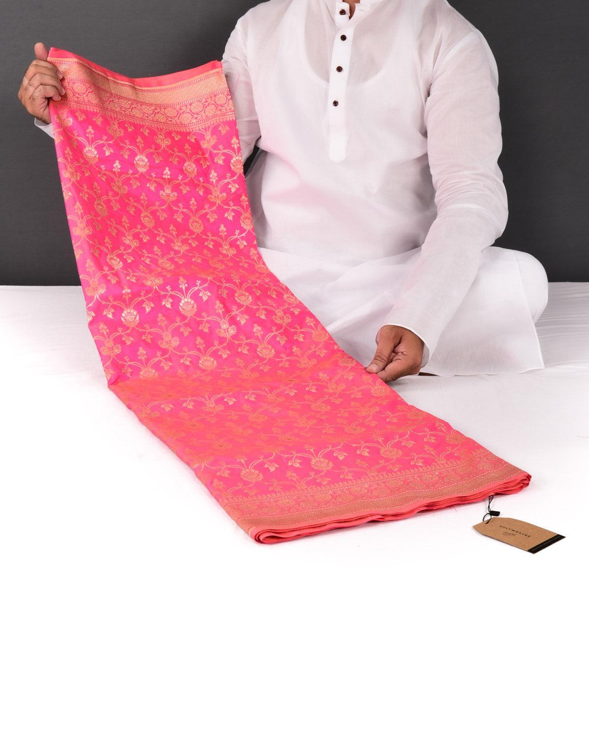 Pink Banarasi Floral Jaal Gold Zari Cutwork Brocade Handwoven Katan Silk Saree - By HolyWeaves, Benares