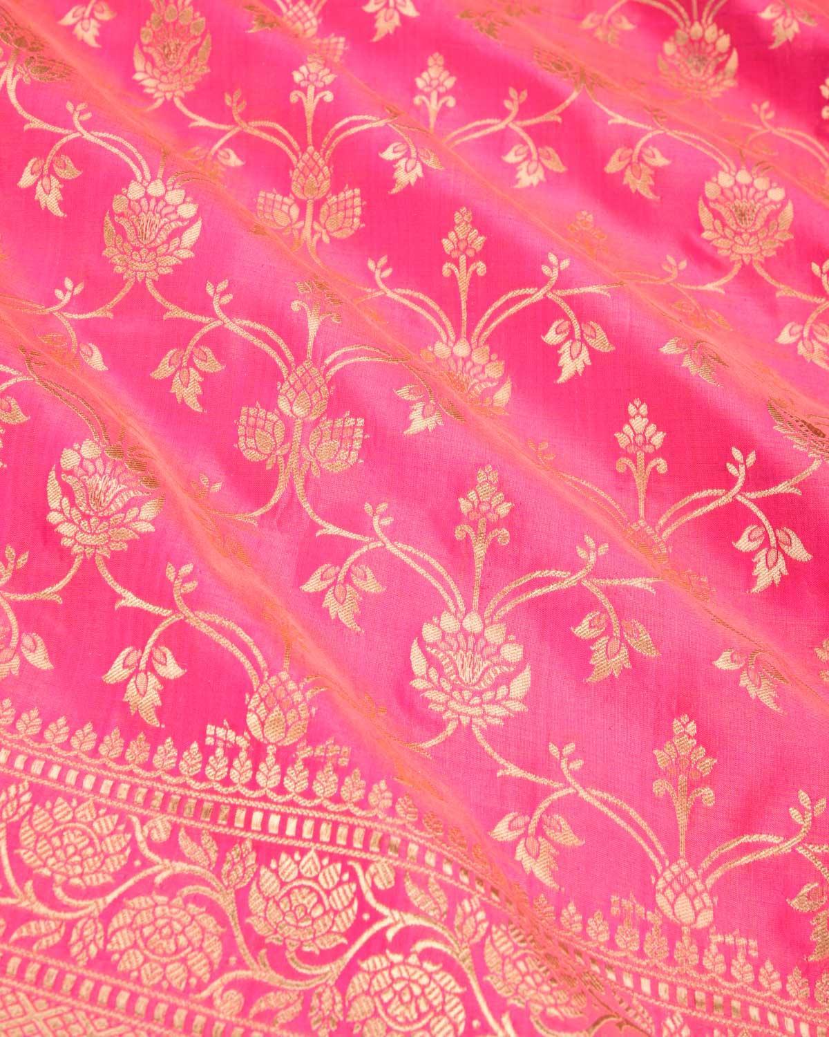 Pink Banarasi Floral Jaal Gold Zari Cutwork Brocade Handwoven Katan Silk Saree - By HolyWeaves, Benares