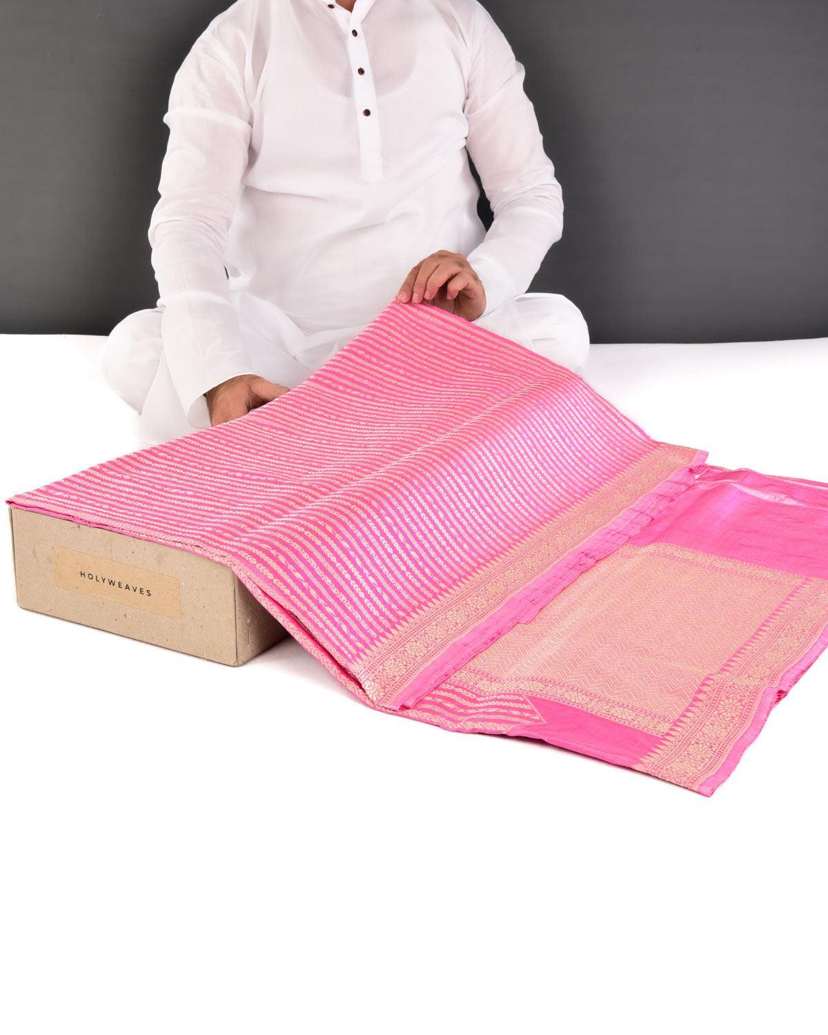 Pink Banarasi Soft Gold Zari Ornament Stripes Cutwork Brocade Handwoven Katan Silk Saree - By HolyWeaves, Benares