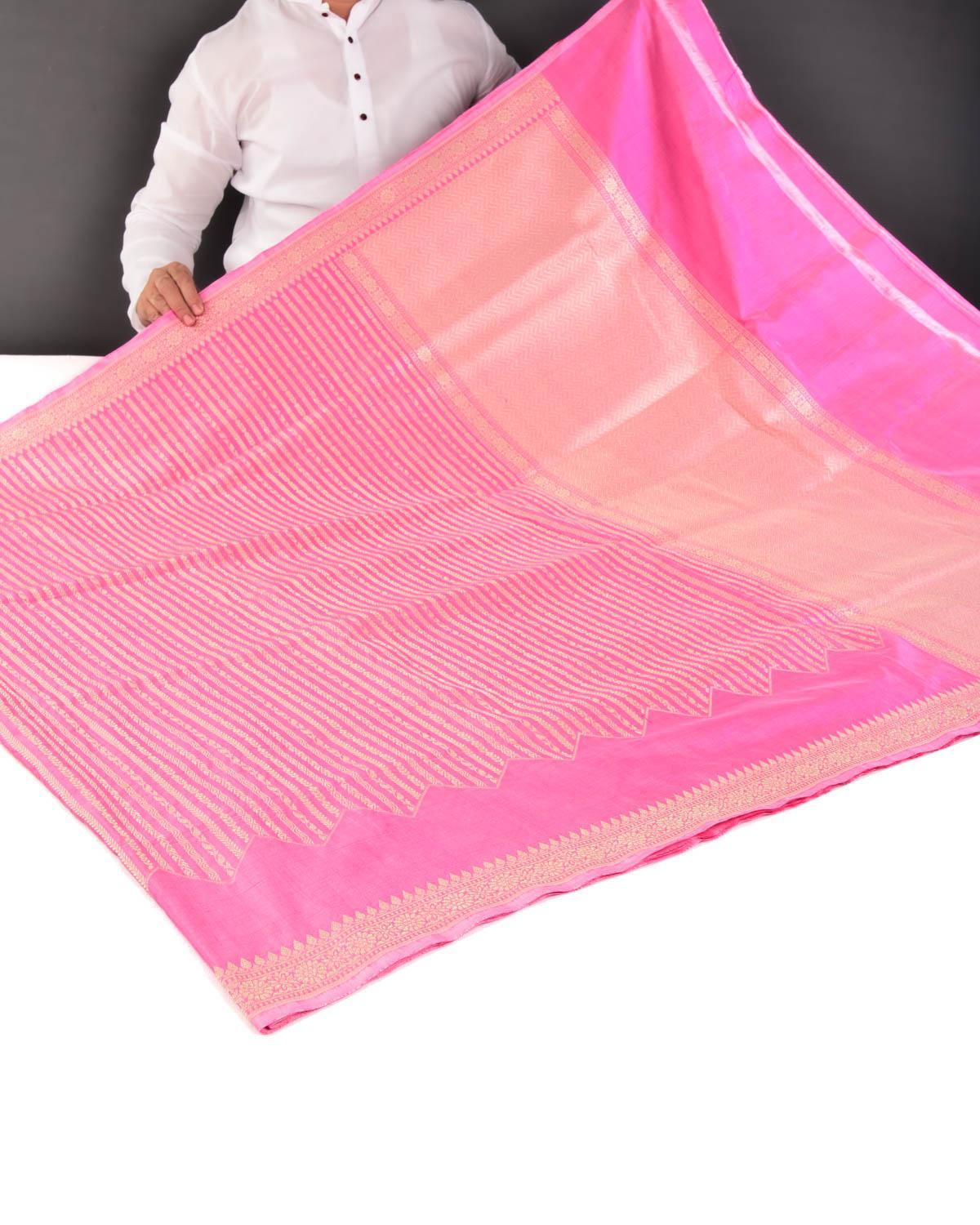 Pink Banarasi Soft Gold Zari Ornament Stripes Cutwork Brocade Handwoven Katan Silk Saree - By HolyWeaves, Benares