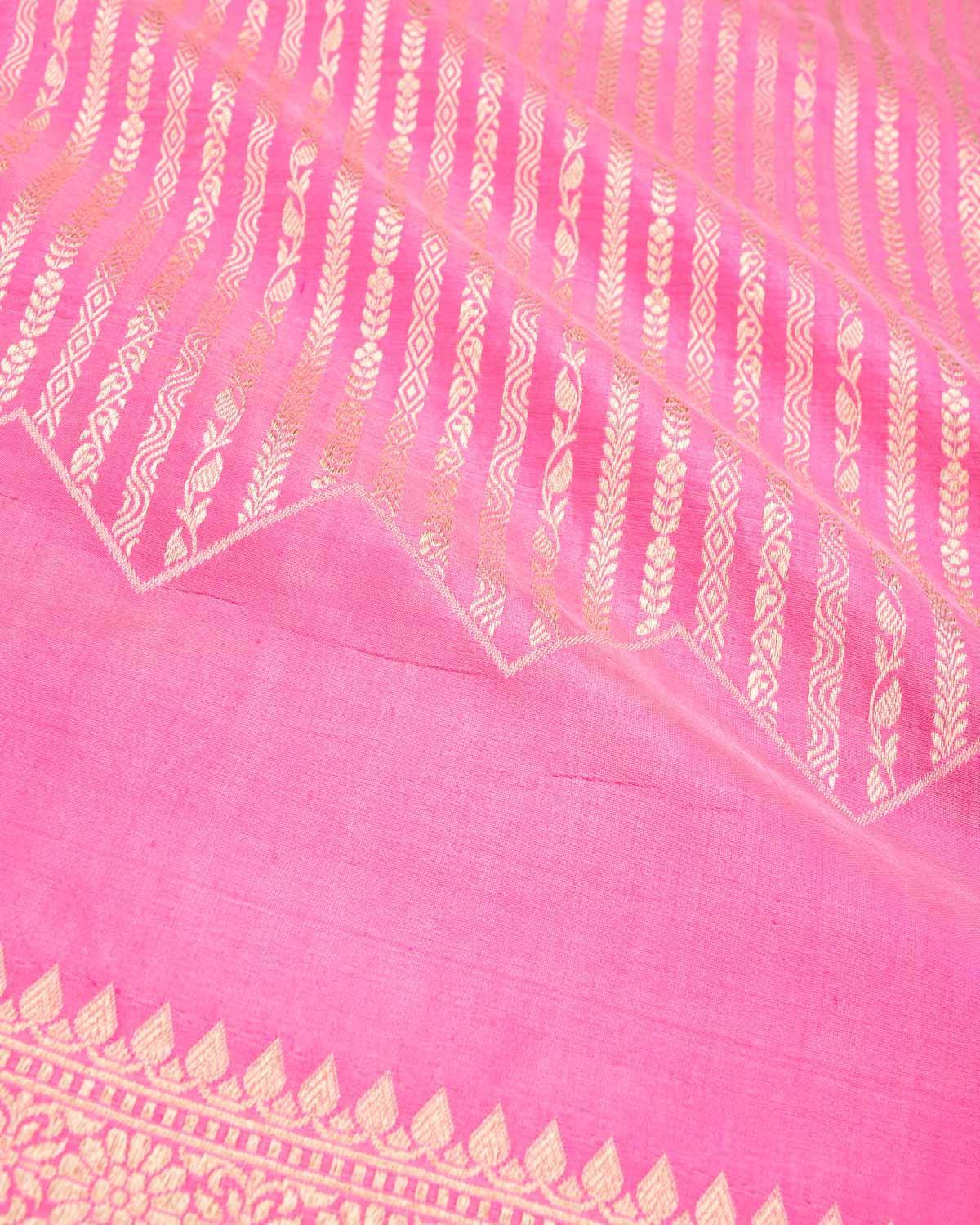 Pink Banarasi Soft Gold Zari Ornament Stripes Cutwork Brocade Handwoven Katan Silk Saree - By HolyWeaves, Benares