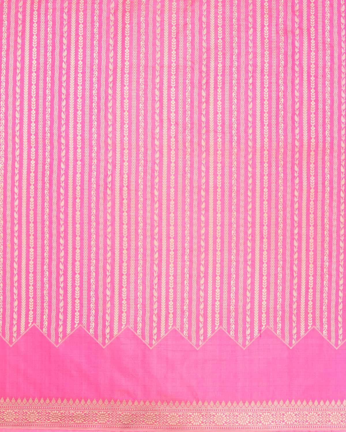 Pink Banarasi Soft Gold Zari Ornament Stripes Cutwork Brocade Handwoven Katan Silk Saree - By HolyWeaves, Benares