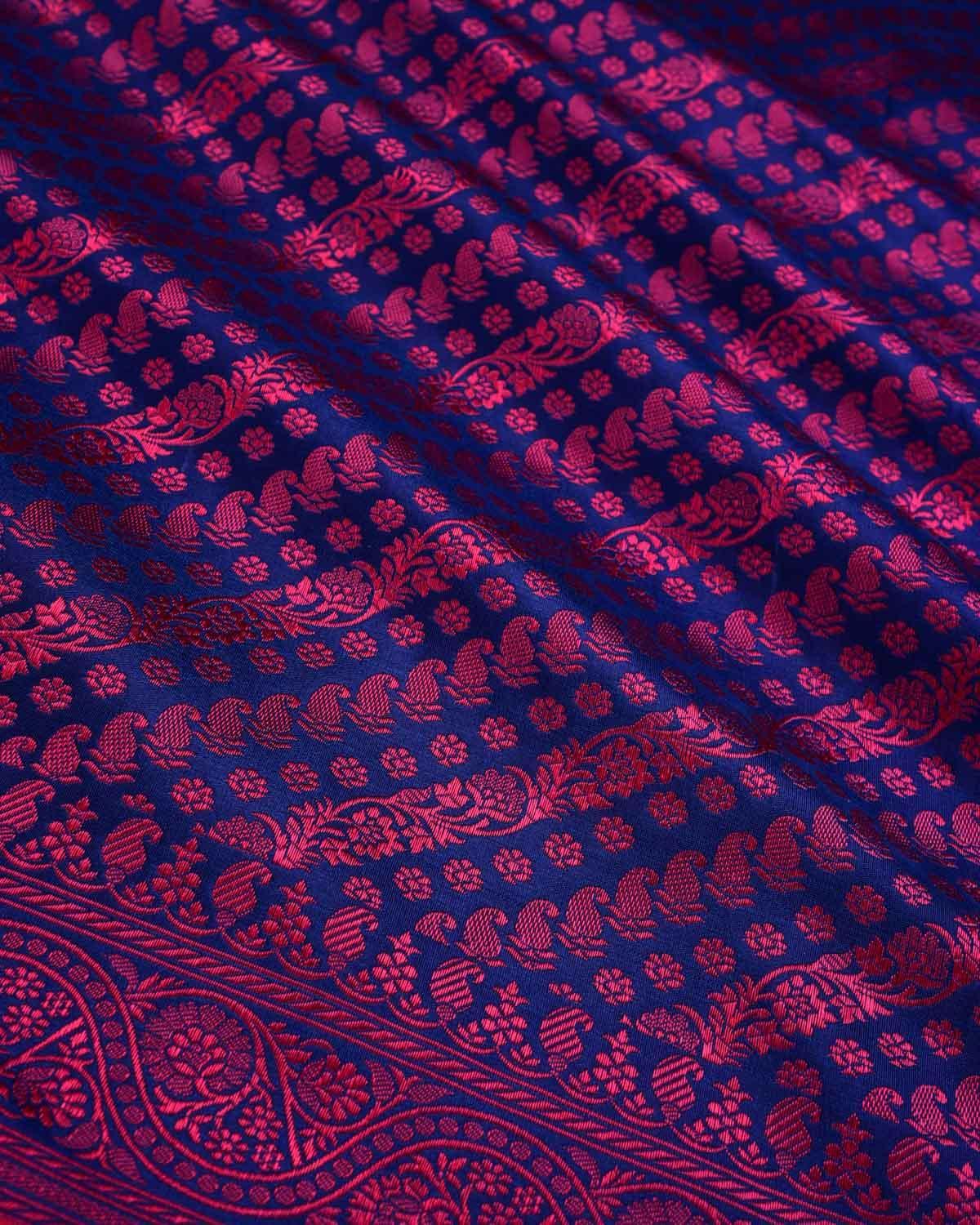 Pink On Blue Banarasi Resahm Brocade Handwoven Katan Silk Saree - By HolyWeaves, Benares