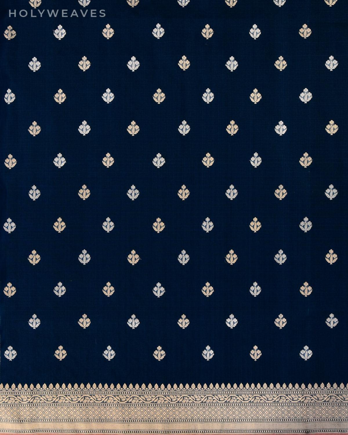 Prussian Blue Banarasi Gold & Silver Buti Kadhuan Brocade Handwoven Kora Silk Saree - By HolyWeaves, Benares