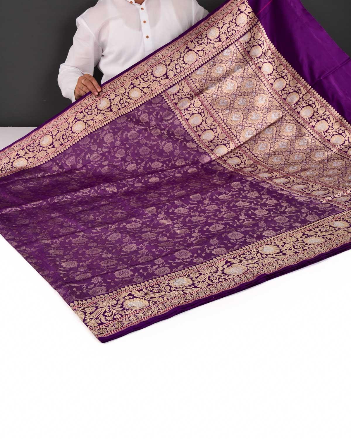 Purple Banarasi Basket Weave Gulaab Jaal Brocade Handwoven Katan Silk Saree - By HolyWeaves, Benares