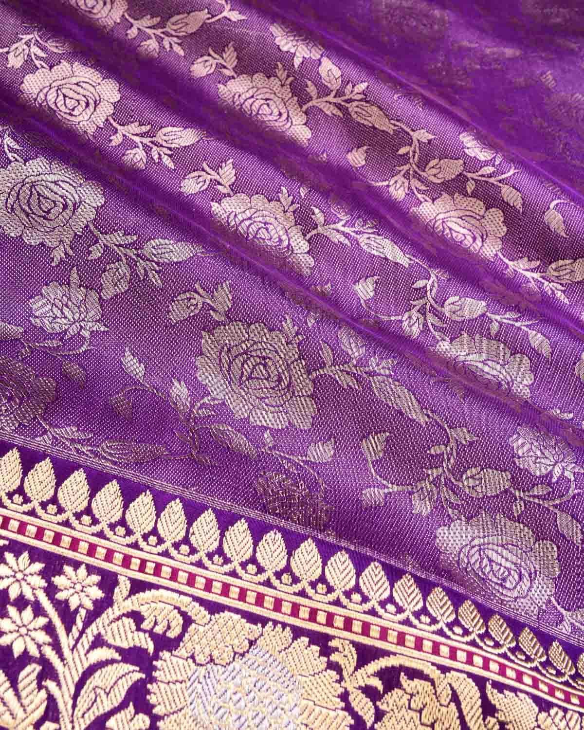 Purple Banarasi Basket Weave Gulaab Jaal Brocade Handwoven Katan Silk Saree - By HolyWeaves, Benares