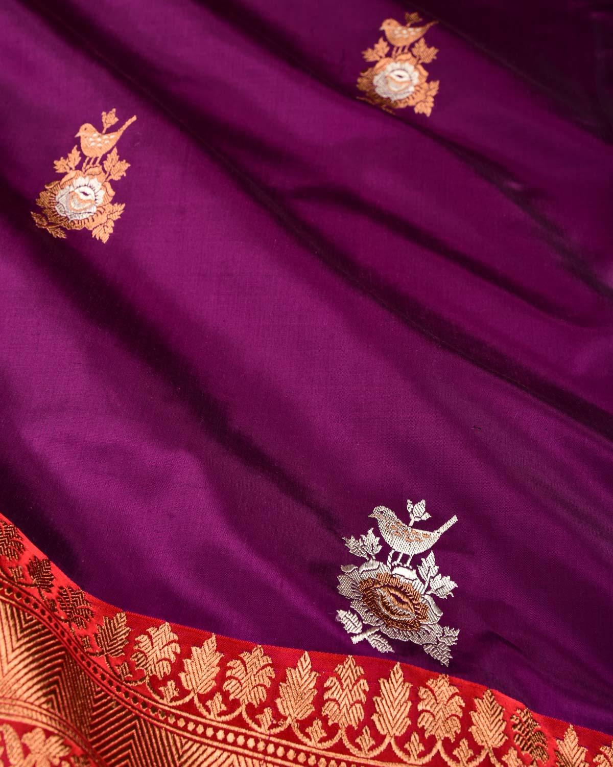 Purple Banarasi Bird & Rose Kadhuan Brocade Handwoven Katan Silk Saree - By HolyWeaves, Benares