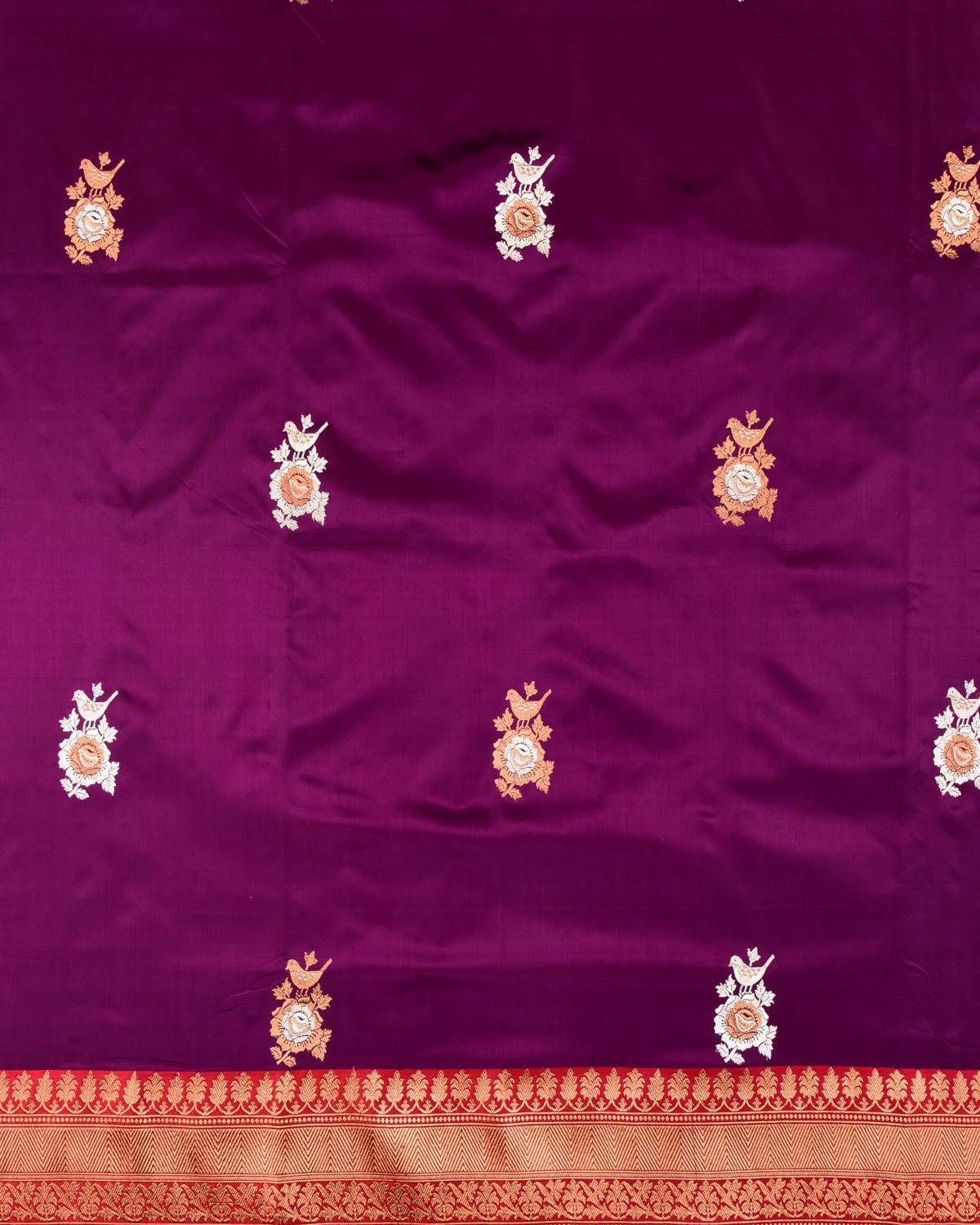 Purple Banarasi Bird & Rose Kadhuan Brocade Handwoven Katan Silk Saree - By HolyWeaves, Benares