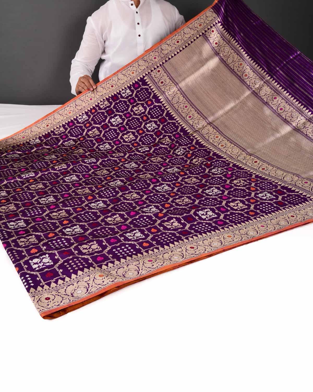 Purple Banarasi Gharchola Gold & Silver Zari Resham Kadhuan Brocade Handwoven Katan Silk Saree - By HolyWeaves, Benares