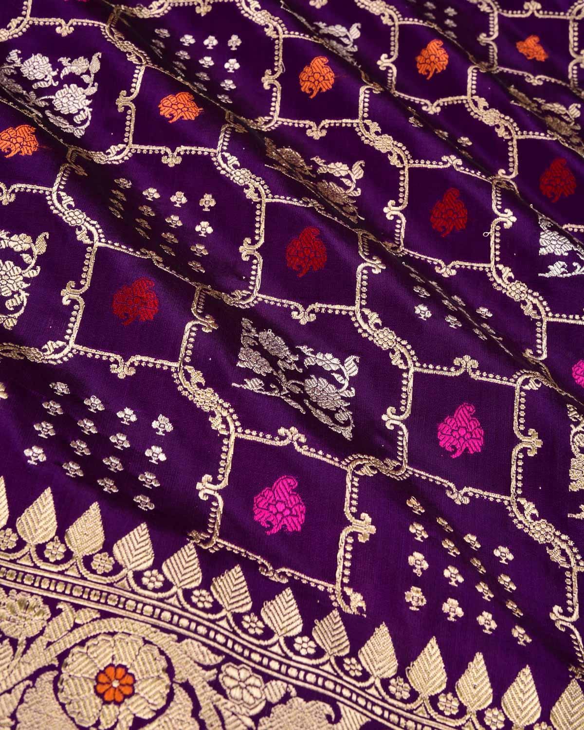 Purple Banarasi Gharchola Gold & Silver Zari Resham Kadhuan Brocade Handwoven Katan Silk Saree - By HolyWeaves, Benares