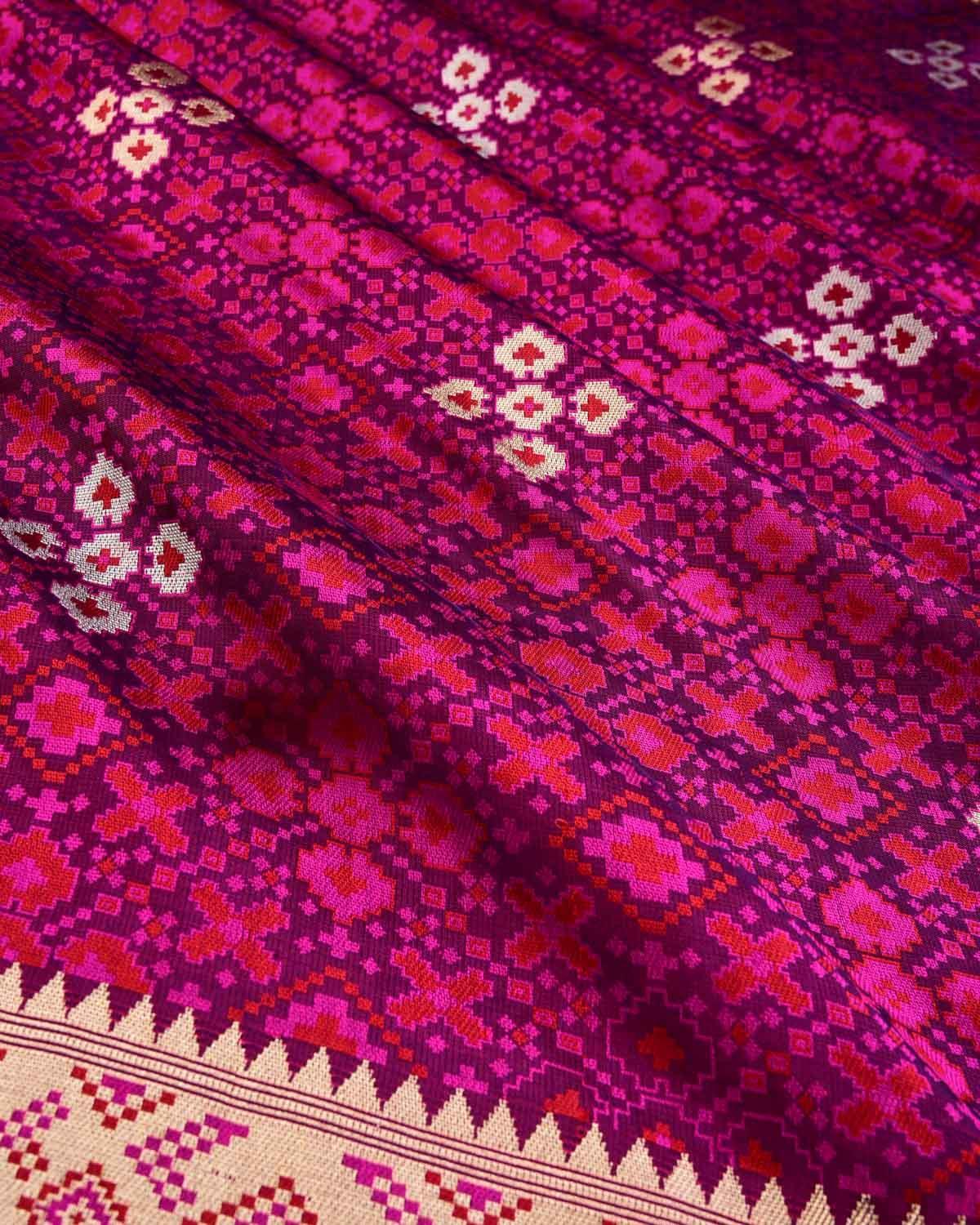 Purple Banarasi Patola Satin Jamawar Brocade Handwoven Katan Silk Saree with Gold & Silver Zari Accents - By HolyWeaves, Benares