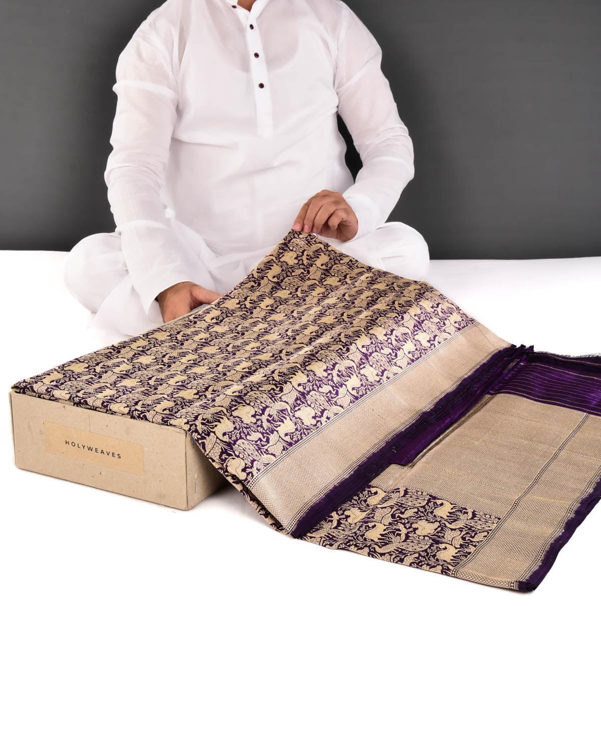 Purple Banarasi Soft Gold Zari Shikargah Brocade Handwoven Katan Silk Saree - By HolyWeaves, Benares