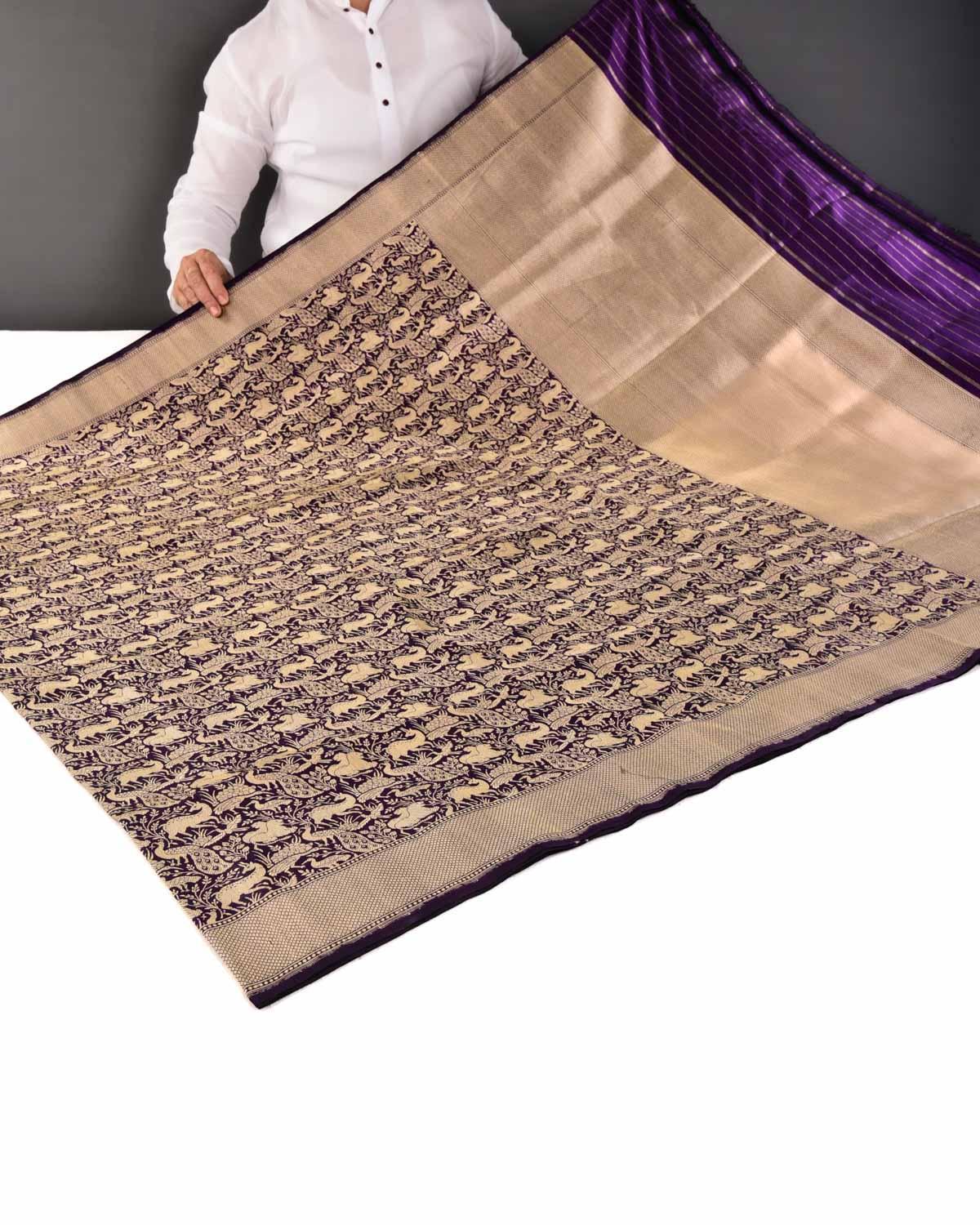 Purple Banarasi Soft Gold Zari Shikargah Brocade Handwoven Katan Silk Saree - By HolyWeaves, Benares