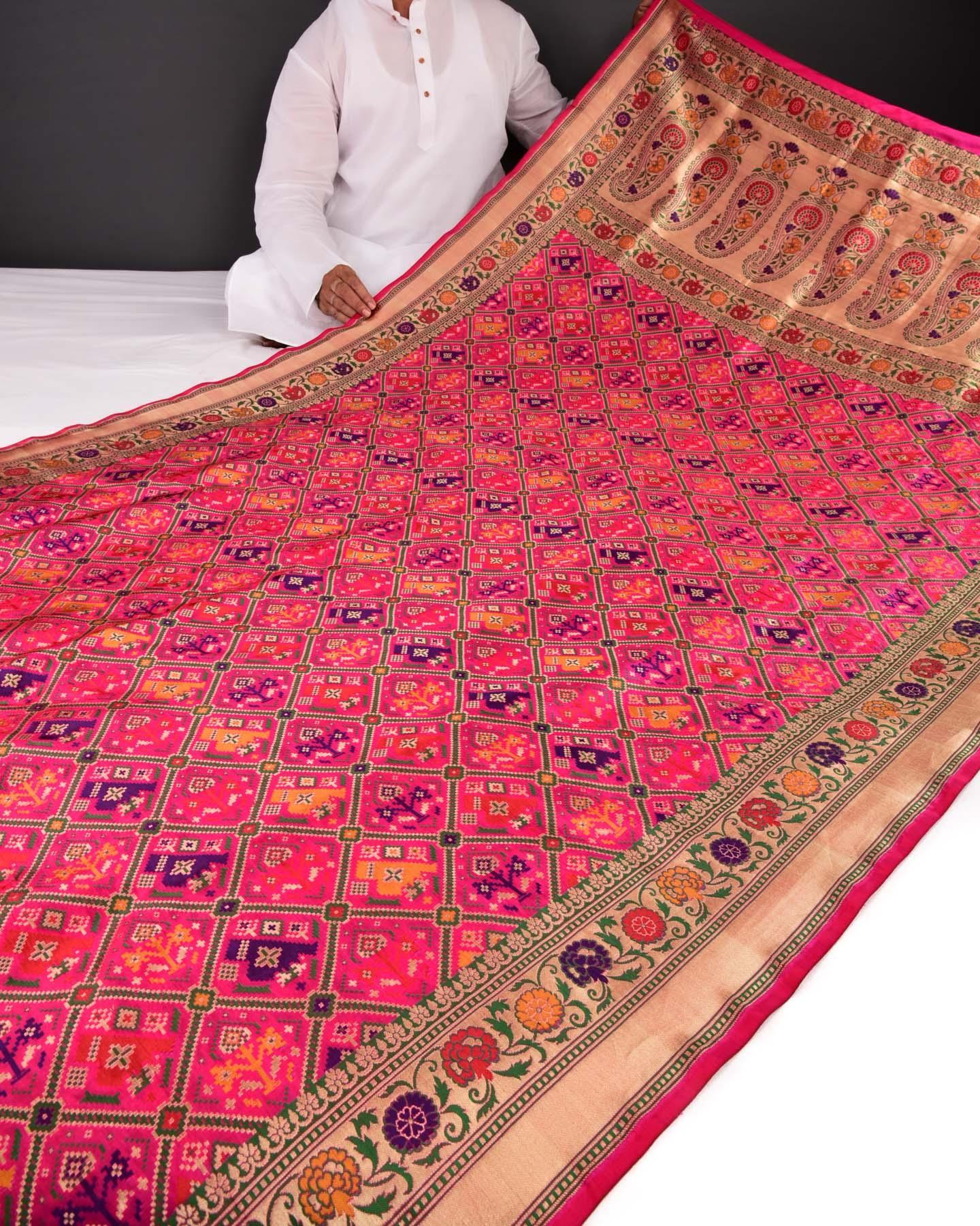 Rani Pink Banarasi Patola Chauhara Meena Cutwork Brocade Handwoven Katan Silk Saree - By HolyWeaves, Benares