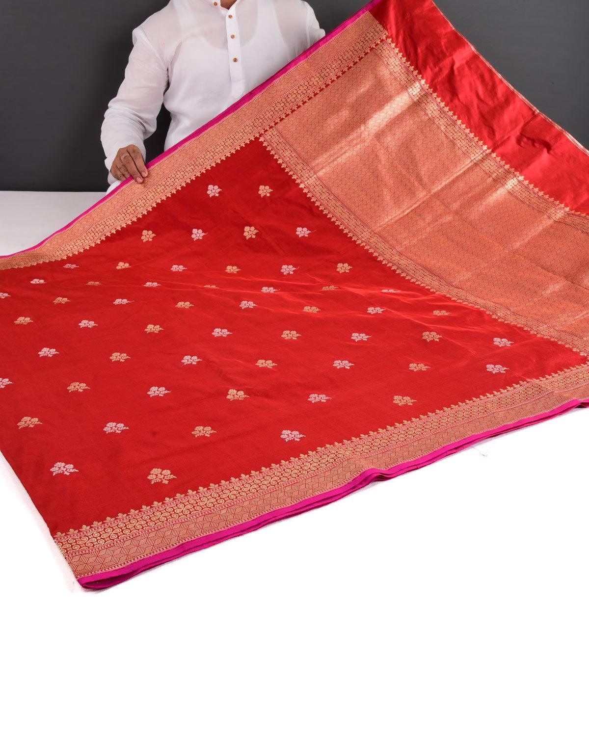 Red Banarasi Gold & Silver Zari Buti Kadhuan Brocade Handwoven Katan Silk Saree - By HolyWeaves, Benares