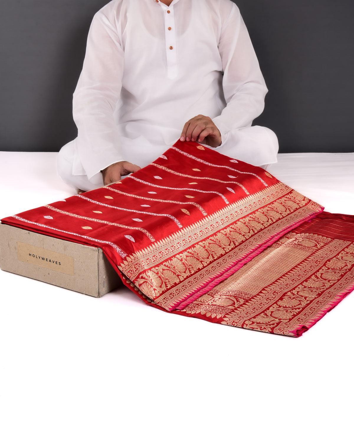 Red Banarasi Gold & Silver Zari Stripes & Buti Kadhuan Brocade Handwoven Katan Silk Saree - By HolyWeaves, Benares