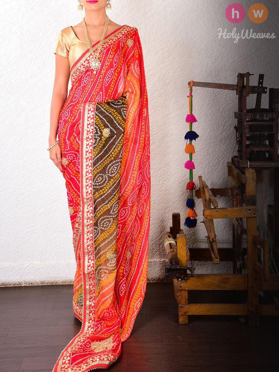 Buy Online Faux Georgette Print Multi Colour Bandhani Saree : 194606 -