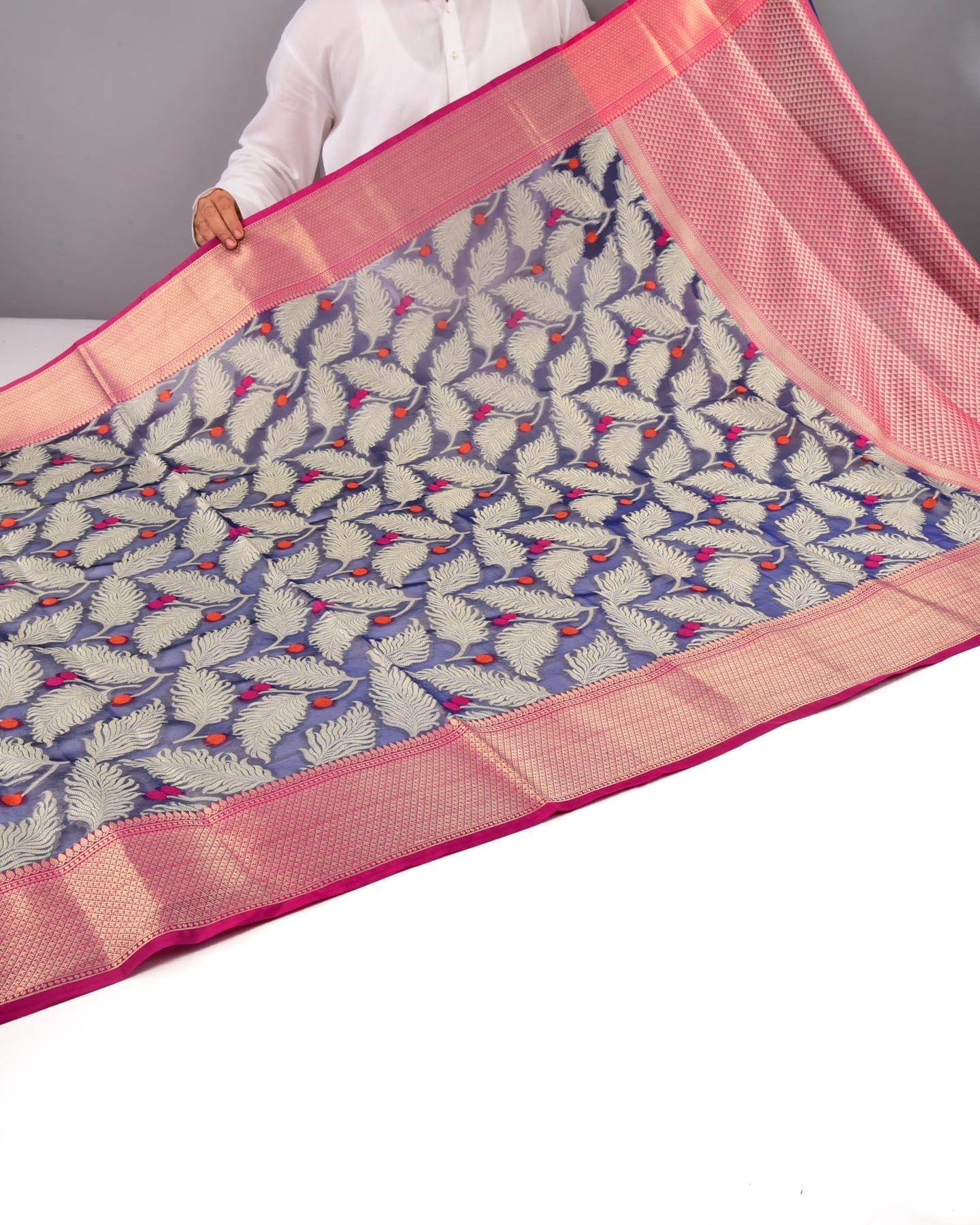 Royal Blue Banarasi Feather Cutwork Brocade Woven Art Cotton Silk Saree - By HolyWeaves, Benares