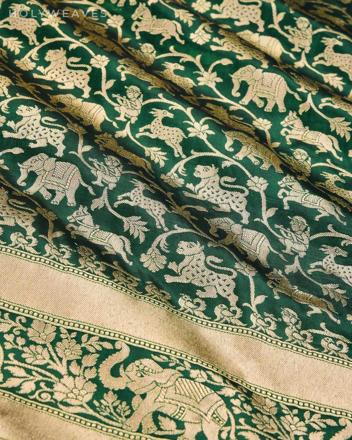 Sacramento Green Banarasi Shikargah Cutwork Brocade Handwoven Katan Silk Saree with Elephant Trail Border - By HolyWeaves, Benares