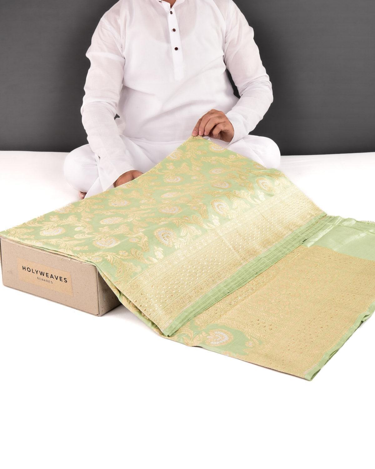 Sage Green Banarasi Gold & Silver Zari Alfi Floral Jaal Cutwork Brocade Handwoven Katan Silk Saree - By HolyWeaves, Benares