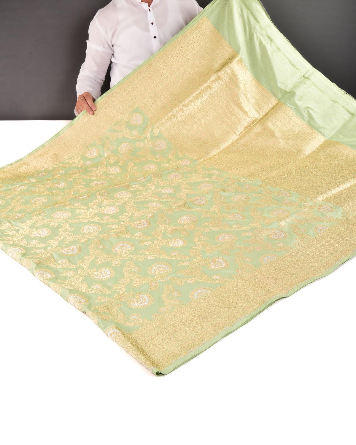 Sage Green Banarasi Gold & Silver Zari Alfi Floral Jaal Cutwork Brocade Handwoven Katan Silk Saree - By HolyWeaves, Benares