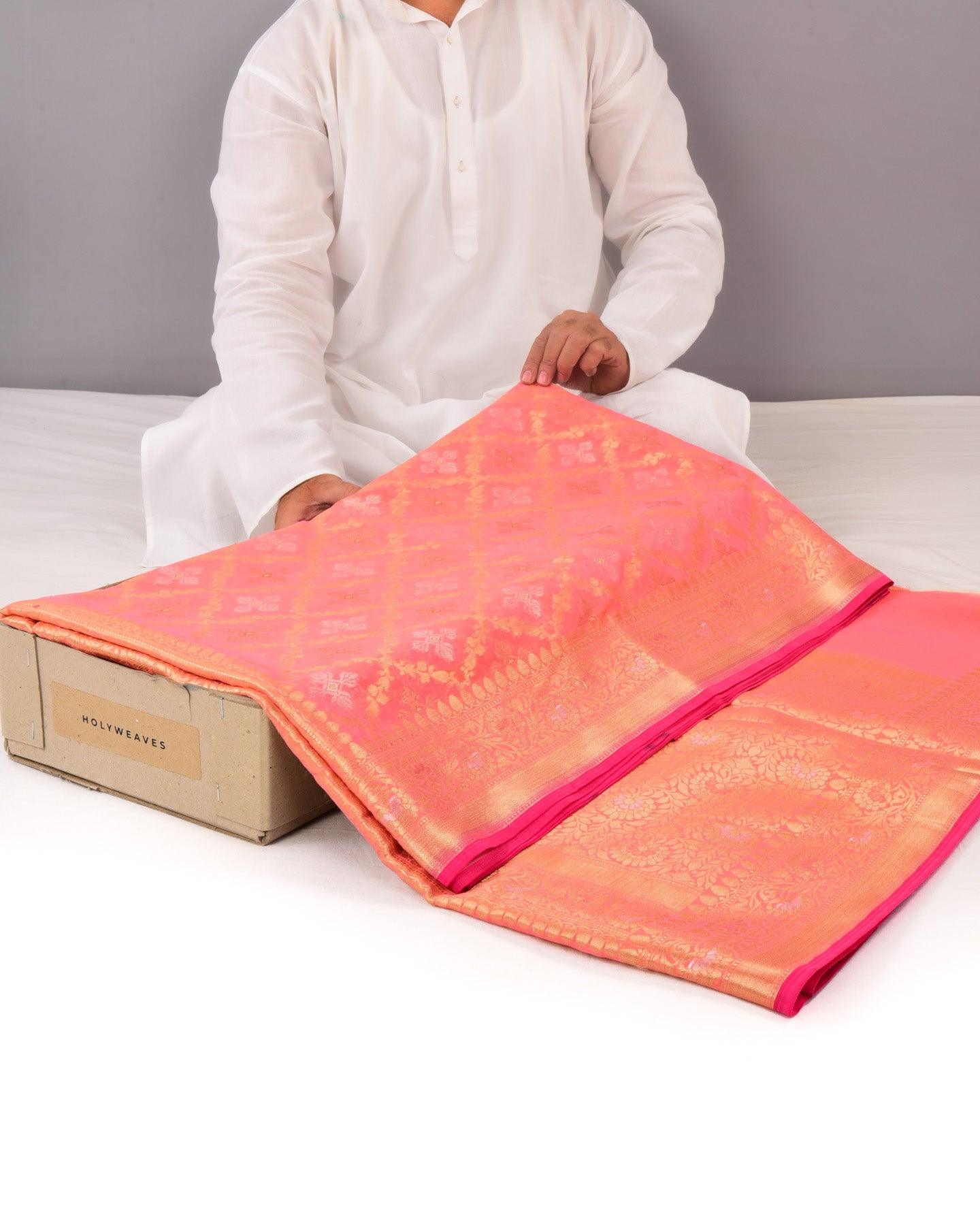 Salmon Pink Banarasi Jangla Alfi Cutwork Brocade Woven Cotton Silk Saree - By HolyWeaves, Benares