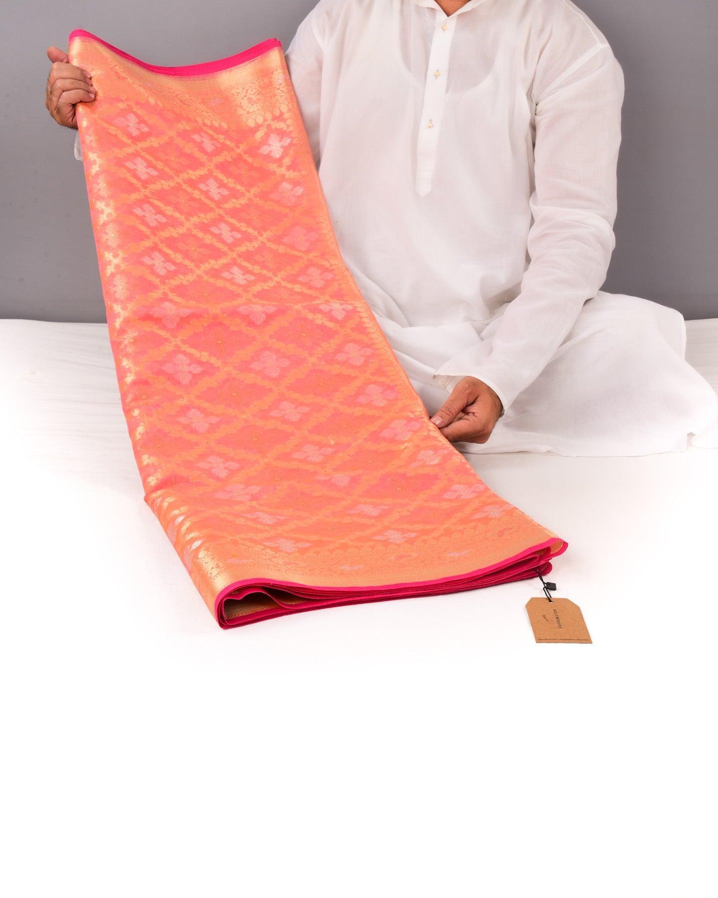 Salmon Pink Banarasi Jangla Alfi Cutwork Brocade Woven Cotton Silk Saree - By HolyWeaves, Benares